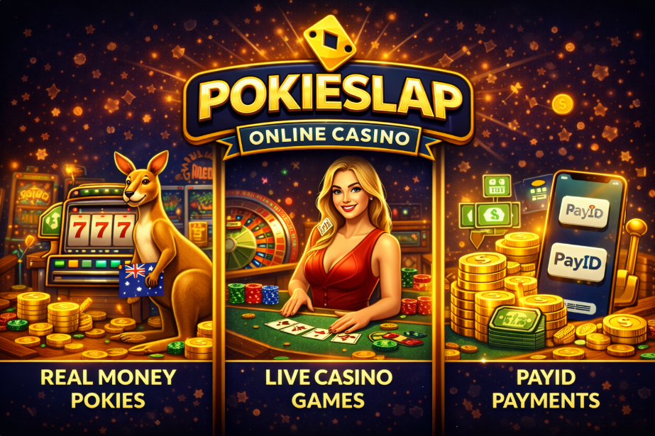 Pokieslap Casino homepage showing Australian real money pokies, live casino games and PayID payment options