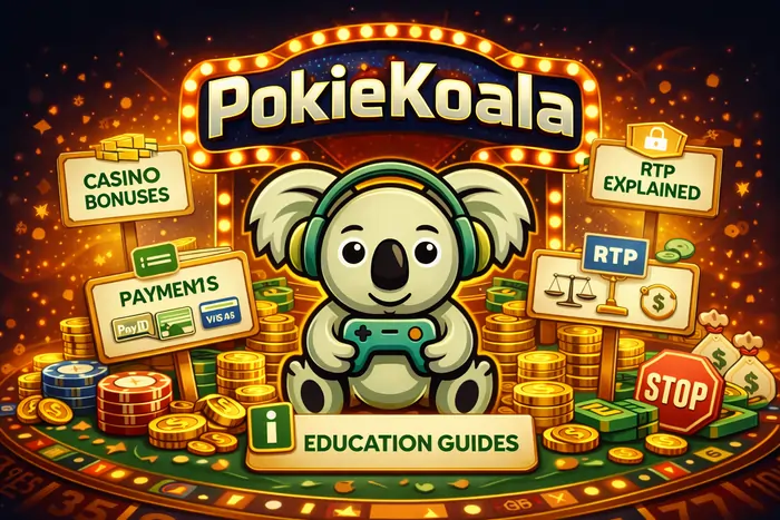 PokieKoala homepage screenshot showing Australian pokies education guides on bonuses, payments, RTP and responsible gambling